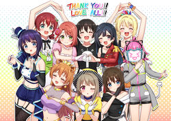  6+girls :o ahoge animal_ears arms_up asaka_karin awakening_promise_(love_live!) bare_shoulders belt black_belt black_gloves black_hair black_ribbon black_shirt black_thighhighs blonde_hair blue_eyes blue_nails blue_ribbon blue_shirt bow braid breasts bridal_gauntlets brown_hair butterfly_(love_live!) buttons choker cleavage closed_eyes collarbone commentary crown deadnooodles detached_sleeves dive!_(love_live!) dress earrings emma_verde epaulettes fake_animal_ears flower garter_straps gloves gradient_background green_eyes green_nails green_shirt grey_bow grey_eyes grey_jacket grey_shorts hair_between_eyes hair_bun hair_flower hair_ornament hairbow hat hat_ribbon headband heart heart_hands heart_hands_duo jacket jewelry konoe_kanata la_bella_patria_(love_live!) large_breasts long_hair long_sleeves looking_at_viewer love_live! love_live!_nijigasaki_high_school_idol_club mask mask_on_head medium_breasts midriff miyashita_ai multiple_girls nail_polish nakasu_kasumi navel neck_ribbon necklace neon_trim off-shoulder_dress off_shoulder one_eye_closed open_mouth orange_nails osaka_shizuku pearl_necklace pink_hair pink_nails pink_shirt polka_dot polka_dot_background polka_dot_headwear ponytail poppin&#039;_up_(love_live!) puffy_short_sleeves puffy_sleeves purple_eyes purple_nails red_jacket ribbon rina-chan_board saiko_heart_(love_live!) see-through shirt short_hair short_sleeves shorts sif_staff_shirt simple_background single_side_bun smile solitude_rain_(love_live!) symbol-only_commentary takasaki_yu teeth tennoji_rina thighhighs tongue top_hat tsunagaru_connect_(love_live!) twin_braids twintails uehara_ayumu upper_teeth_only vivid_world_(love_live!) white_bow white_gloves wristband yellow_dress yellow_headwear yellow_shirt yuki_setsuna_(love_live!) yume_ga_koko_kara_hajimaru_yo_(love_live!) 