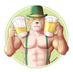  abs alcohol anthro beer beverage canid canine canis clothing clover_(plant) container cup domestic_dog gaouu glass green_eyes hat headgear headwear hi_res holidays male mammal mug muscular plant pongotora shiba_inu solo spitz st._patrick&#039;s_day suspenders uniform 