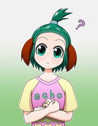  :&lt; ? alternate_costume alternate_hairstyle animal_ears arms_up character_doll clothes_writing commentary_request crossed_arms doll english_text expressionless female forehead gradient_background green_background green_eyes green_hair hair_up head_tilt highres holding holding_doll kasodani_kyouko lily_white looking_at_viewer multicolored_clothes rakugaki-biyori shirt short_hair short_sleeves simple_background solo standing t-shirt topknot touhou 