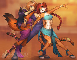  abluedeer abs anthro athletic athletic_female auri_(bethellium) bandeau bethellium black_nose brown_eyes brown_hair canid canine clothed clothing dancing felid female fox fur group hair hand_on_belly male male/female mammal midriff mr._amp mustelid musteline navel orange_body orange_fur pantherine pink_nose purple_eyes red_eyes red_hair striped_body striped_fur stripes tan_body tan_fur tiger topwear true_musteline weasel yellow_eyes zoana_(bethellium) 