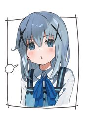  :o apron bad_id bad_twitter_id blank_speech_bubble blue_apron blue_bow blue_eyes blue_hair blush bow collared_shirt cropped_arms cropped_torso female furrowed_brow gochuumon_wa_usagi_desu_ka? highres houjichaoic kafuu_chino light_blue_hair open_mouth outside_border rabbit_house_uniform shirt simple_background solo speech_bubble upper_body white_background winter_uniform 