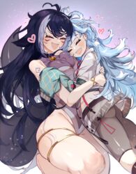  2girls absurdres ahoge animal_ears ass bare_hips bare_shoulders bell belt_collar black_hair blue_collar blue_hair blurry body_markings braid breast_pillow breasts cameltoe cetacean_tail cleavage closed_eyes collar cropped_hoodie crossover curvy depth_of_field ear_piercing facial_mark fins fish_tail hair_between_eyes head_on_chest heart heart_ahoge highleg highleg_swimsuit highres hololive hololive_indonesia hood hoodie hug impossible_clothes indie_virtual_youtuber jacket kenji17 kobo_kanaeru kobo_kanaeru_(1st_costume) large_breasts liquid_hair long_hair multicolored_hair multiple_girls neck_bell one-piece_swimsuit open_mouth orca_girl piercing raincoat see-through see-through_cleavage see-through_jacket see-through_swimsuit shylily shylily_(3rd_costume) simple_background skindentation smile streaked_hair swept_bangs swimsuit tail thigh_strap virtual_youtuber whale_girl white_hoodie wide_hips 