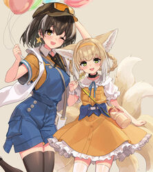  2girls :d ;d animal_ears arknights bag balloon belt bird_mask black_legwear blonde_hair blue_ribbon blue_shorts blush braid braided_hair_rings breasts brown_hair brown_headwear bubble_wand collared_shirt cowboy_shot dress earrings feet_out_of_frame flat_chest fox_ears fox_tail frilled_dress frilled_shirt frilled_sleeves frills goggles goggles_on_headwear green_eyes grey_background hair_between_eyes hair_rings hairband handbag hat highres holding holding_balloon infection_monitor_(arknights) jewelry looking_at_viewer magallan_(arknights) magallan_(let&#039;s_carnival!)_(arknights) mask mask_around_neck medium_breasts medium_hair multicolored_hair multiple_girls multiple_tails neck_ribbon official_alternate_costume one_eye_closed open_clothes open_mouth open_vest orange_dress orange_shirt overalls pinafore_dress pinwheel pinwheel_earrings ribbon shirt short_hair short_sleeves shorts sigm@ simple_background sleeveless sleeveless_dress smile streaked_hair suzuran_(arknights) suzuran_(let&#039;s_carnival!)_(arknights) tail thighhighs two-tone_hair vest watch white_belt white_hair white_shirt white_thighhighs white_vest wing_collar wristwatch yellow_eyes zettai_ryouiki 