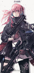  anti-rain_(girls&#039;_frontline) ar-15 black_dress black_jacket black_skirt black_thighhighs closed_mouth collar commentary copyright_name daliyang dress female floating_hair girls&#039;_frontline gloves grey_background gun hair_between_eyes hair_ornament handgun highres holding holding_gun holding_weapon holster holstered jacket korean_commentary long_hair long_sleeves looking_at_viewer multicolored_hair one_side_up photoshop_(medium) pink_eyes pink_hair purple_gloves rifle scope sidelocks simple_background skirt solo st_ar-15_(girls&#039;_frontline) standing streaked_hair thighhighs trigger_discipline weapon 