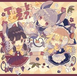  2020 3girls ahoge animal_ear_fluff animal_ears arms_up black_headwear black_skirt black_vest blonde_hair bloomers blush_stickers bow braid brown_eyes brown_hair capelet cheese cheese_print chibi chinese_zodiac commentary_request doily ears_through_headwear flower food full_body grey_hair hair_tubes hairbow hakurei_reimu hat hat_bow highres kagami_mochi kirisame_marisa long_sleeves mouse_girl mouse_tail multiple_girls nazrin nikorashi-ka open_mouth pleated_skirt red_bow red_eyes red_shirt red_skirt ribbon-trimmed_sleeves ribbon_trim scarf shirt shoes single_braid skirt socks sunburst sunburst_background tail teeth thank_you touhou triangle_mouth underwear upper_teeth_only vest white_bow white_legwear white_shirt wide_sleeves witch_hat year_of_the_rat yellow_background yellow_eyes yellow_scarf 