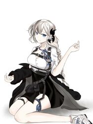  apc556_(girls&#039;_frontline) ashijinshusui belt black_jacket black_skirt blue_eyes blue_ribbon braid braided_ponytail breasts closed_mouth clothes_pull female flower girls&#039;_frontline grey_hair hair_flower hair_ornament hand_up highres jacket jacket_pull long_hair looking_at_viewer medium_breasts neck_ribbon on_floor ribbon shirt shoes sitting skirt sneakers solo suspender_skirt suspenders white_background white_shirt 