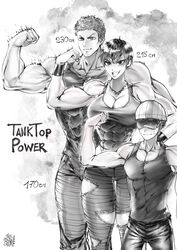  2boys abs biceps breasts brother_and_sister cleavage denim female flexing goggles goggles_on_eyes grin height_chart height_difference helmet highres jeans jewelry large_breasts monochrome multiple_boys mumen_rider muscular muscular_female necklace obliques one-punch_man pants pectorals photoshop_(medium) pose short_hair siblings smile sweat tall_female tank_top tanktop_girl tanktop_master the_golden_smurf thighs torn_clothes torn_legwear 