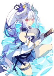  azusa_(granblue_fantasy) azusa_(summer)_(granblue_fantasy) bandaged_hand bandages bare_shoulders bikini braid braided_ponytail breasts cleavage cyenmi3 draph drawing_sword female granblue_fantasy hair_ornament highres holding holding_sword holding_weapon horns japanese_clothes katana large_breasts long_hair looking_at_viewer official_alternate_costume official_alternate_hairstyle pointy_ears purple_bikini red_eyes sheath solo swimsuit sword thighs unsheathing weapon white_hair wide_sleeves 