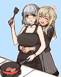  2girls black_shirt black_skirt blonde_hair blush breasts cleavage cooking elf from_behind frying_pan grey_hair heart highres holding holding_frying_pan holding_spatula hololive hug hug_from_behind large_breasts long_hair medium_breasts medium_hair multiple_girls nose_blush official_alternate_costume pointy_ears sazare_(sazare_az) shiranui_flare shiranui_flare_(street) shirogane_noel shirogane_noel_(casual) shirt shirt_tucked_in short_hair skirt spatula tank_top virtual_youtuber yuri 