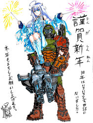  1boy 2021 ahoge amatsuka_uto angel_wings armor assault_visor bare_shoulders blue_eyes blue_hair blue_visor cacodemon carrying chain_gun commentary demon detached_sleeves doom_(series) doomguy dress english_commentary female fireworks full_body gatling_gun hair_ornament hairclip halter_dress halterneck happy_new_year helmet highres indie_virtual_youtuber kneehighs long_hair looking_at_viewer mark_of_the_doom_slayer muscular new_year off-shoulder_dress off_shoulder praetor_suit ribbon shoes shoulder_carry simple_background smile sneakers socks sparkler substance20 translated virtual_youtuber weapon white_legwear wings 