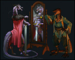  2022 anthro biped black_border border cape closed_eyes clothed clothing digital_media_(artwork) dragon duo fur hi_res horn humanoid_hands king male melee_weapon mirror mythological_creature mythological_scalie mythology open_mouth royalty runasolaris scales scalie simple_background standing sword tail teeth tongue weapon 