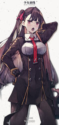  :o arm_up black_gloves black_jacket black_pantyhose blush breasts brown_hair bullpup buttons character_name collar collared_shirt commentary copyright_name daliyang english_text female girls&#039;_frontline gloves grey_background gun hair_ribbon half_updo hand_on_own_hip highres jacket korean_commentary large_breasts long_hair long_sleeves looking_at_viewer necktie one_side_up open_mouth pantyhose photoshop_(medium) red_eyes red_necktie red_ribbon ribbon rifle shirt simple_background skirt sniper_rifle solo standing very_long_hair wa2000_(girls&#039;_frontline) walther walther_wa_2000 weapon white_shirt 