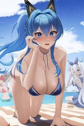  3girls all_fours anchor_(nikke) bikini bikini_under_clothes black_bikini black_hair blue_eyes blue_hair blue_skirt blue_sky blush braid breasts closed_eyes day embarrassed goddess_of_victory:_nikke hair_intakes hand_on_own_cheek hand_on_own_face headgear helm_(aqua_marine)_(nikke) helm_(nikke) highres large_breasts light_blue_hair long_hair mast_(nikke) milmil7 multicolored_hair multiple_girls official_alternate_costume one_eye_closed open_mouth outdoors pink_bikini ponytail pool red_hair see-through see-through_shirt shirt side-tie_bikini_bottom skirt sky smile splashing starfish streaked_hair swimsuit twitter_username water wet wet_clothes 