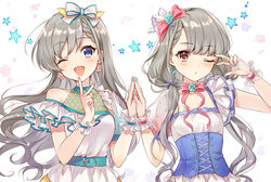  2girls ;d ;o asymmetrical_sleeves blue_eyes blunt_bangs bow braid brown_eyes clothing_cutout commentary dress earrings floral_background frilled_cuffs frilled_sleeves frills green_nails grey_hair hairbow hisakawa_hayate hisakawa_nagi holding_hands idol idolmaster idolmaster_cinderella_girls iku2727 jewelry long_hair looking_at_viewer low_twintails multiple_girls nail_polish neck_ribbon one_eye_closed open_mouth parted_lips pink_bow pink_nails pink_ribbon pose ribbon see-through short_sleeves shoulder_cutout siblings sisters smile standing starry_background twins twintails underbust uneven_sleeves upper_body v w white_bow white_dress 