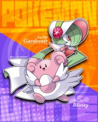  1other :d blissey bonnet character_name closed_mouth commentary_request copyright_name flower gardevoir gardevoir_(fashionable) green_hair kumano_sakunosuke open_mouth pokedex_number pokemon pokemon_(creature) pokemon_unite red_eyes smile tongue white_headwear 