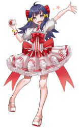  :d arm_up black_hair bow bracelet dawn_(pokemon) dress eyelashes female frills full_body grey_eyes hairbow high_heels highres holding holding_poke_ball jewelry knees long_hair looking_at_viewer open_mouth poke_ball pokemon pokemon_bdsp red_bow setta_shu short_sleeves sidelocks smile solo star_(symbol) tongue white_footwear yellow_bow 