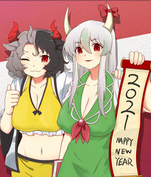  2021 2girls :3 absurdres alternate_hair_color animal_print big_mouse black_hair book bow breasts brooch chinese_zodiac cleavage commentary_request cow_horns cow_print crop_top dress english_text ex-keine green_dress green_hair grey_hair groin hair_between_eyes hand_on_another&#039;s_shoulder haori happy_new_year highres holding holding_book holding_scroll horn_bow horn_ornament horns japanese_clothes jewelry kamishirasawa_keine large_breasts layered_clothes long_sleeves looking_at_viewer multicolored_hair multiple_girls navel new_year one_eye_closed open_mouth partial_commentary red_background red_eyes red_horns red_pupils red_ribbon ribbon scroll short_sleeves shorts smile smug split-color_hair streaked_hair striped striped_background tank_top thumbs_up touhou upper_body ushizaki_urumi wavy_hair white_background white_dress year_of_the_ox yellow_shorts yellow_tank_top 