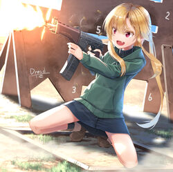  absurdres assault_rifle black_socks blonde_hair blue_skirt brown_footwear commentary_request day denim denim_skirt dreadtie female firing grass green_hoodie gun highres holding holding_gun holding_weapon hood hood_down hoodie jessica_jefferson long_hair long_sleeves looking_to_the_side low_twintails miniskirt oerba_yun_fang open_mouth original outdoors red_eyes rifle shadow shoes sidelocks skirt smile socks solo sr-3mp standing submachine_gun twintails weapon 