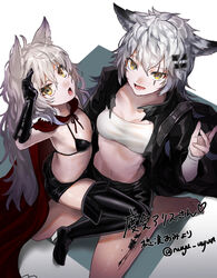  2girls :d absurdres animal_ears arknights arm_up armpits bandeau barefoot bikini bikini_top_only black_bikini black_footwear black_gloves black_jacket black_shorts boots breasts cape commentary_request commission fox_ears from_above gloves halterneck highres hominamia jacket lappland_(arknights) long_hair looking_at_viewer looking_up material_growth medium_breasts midriff multiple_girls navel open_clothes open_jacket open_mouth original oripathy_lesion_(arknights) scar scar_across_eye scar_on_face second-party_source short_shorts shorts skeb_commission small_breasts smile stomach strapless string_bikini swimsuit thigh_boots thighhighs tube_top watarai_alice white_hair wolf_ears yellow_eyes 