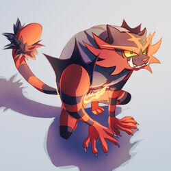  1other claws colored_sclera commentary_request full_body fusenryo green_eyes highres incineroar pokemon pokemon_(creature) sharp_teeth solo squatting teeth toes yellow_sclera 