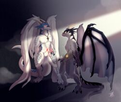  absurd_res anthro claws digitigrade drackonthanri dragon duo feathered_wings feathers hi_res male muscular muscular_male mythological_creature mythological_scalie mythology nude scales scalie tail wings zhanbee 