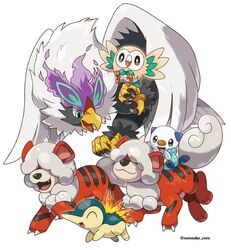  :d blue_eyes commentary_request cyndaquil fangs fire highres hisuian_braviary hisuian_growlithe no_humans open_mouth oshawott pokemon pokemon_(creature) rorosuke rowlet simple_background smile standing tongue white_background 