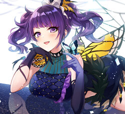  asymmetrical_gloves black_choker black_dress black_gloves bug butterfly butterfly_ornament butterfly_wings choker commentary diagonal_bangs dress ear_piercing earrings female gloves hair_ribbon halterneck head_rest idolmaster idolmaster_shiny_colors iku2727 insect_wings jewelry light_blush light_particles looking_at_viewer lying medium_hair multiple_piercings on_stomach open_mouth piercing purple_eyes purple_hair reflection ribbon short_dress silk smile solo spider_web spiked_choker spikes stud_earrings tanaka_mamimi twintails uneven_gloves water_drop white_ribbon wind wings 