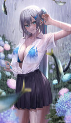  arm_up bikini bikini_under_clothes black_skirt blue_bikini blue_eyes blue_nails bra breasts cleavage cowboy_shot earrings female fish fish_hair_ornament flower grey_hair grin hair_between_eyes hair_ornament hairclip highres hydrangea ironatsuki jewelry large_breasts long_hair multicolored_hair nail_polish open_clothes original outdoors partially_unbuttoned pleated_skirt ponytail rain sardine school_uniform see-through see-through_shirt shirt shirt_tucked_in short_sleeves skirt smile solo straight_hair streaked_hair swimsuit thighs twitter_username two-tone_hair underwear very_long_hair water wet wet_clothes wet_shirt white_shirt 