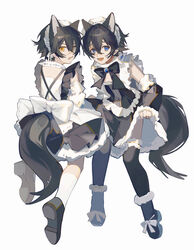  2boys absurdres animal_ears black_bow black_footwear black_hair black_ribbon black_thighhighs blue_eyes blue_gemstone blush bow clothes_lift collar crossdressing detached_sleeves dress dress_lift embarrassed extra_ears facing_viewer frilled_dress frilled_sleeves frilled_thighhighs frills from_behind full_body garu_(nu_carnival) gem hair_between_eyes highres karu_(nu_carnival) looking_at_viewer maid maid_headdress male_focus multiple_boys nu_carnival open_mouth otoko_no_ko ribbon scar scar_on_face scar_on_nose short_hair simple_background spiked_collar spikes tail teeth thighhighs white_background white_bow yellow_eyes yuumii_0120 