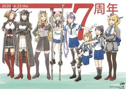  :&lt; ahoge akebono_(kancolle) anniversary ascot bad_id bad_twitter_id bandaid bandaid_on_face bell black_hair black_socks black_thighhighs blonde_hair blue_hair blue_neckwear blue_skirt blush bonjin boots braid breasts brown_footwear brown_hair capelet closed_eyes colorado_(kancolle) crab crab_on_head crossed_arms dated elbow_gloves flower full_body garrison_cap gloves hair_bell hair_flower hair_ornament hat headgear high_heels jingle_bell kantai_collection kneehighs long_hair multiple_girls mutsu_(kancolle) mutsu_kai_ni_(kancolle) nagato_(kancolle) nagato_kai_ni_(kancolle) neck_flower necktie nelson_(kancolle) oboro_(kancolle) open_mouth pantyhose pink_hair pleated_skirt purple_hair red_ascot red_flower red_footwear red_legwear red_rose rose sailor_collar sazanami_(kancolle) sazanami_kai_(kancolle) school_uniform serafuku short_hair short_sleeves side_ponytail simple_background skirt socks standing stilts thigh_boots thighhighs twintails twitter_username ushio_(kancolle) very_long_hair 