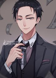  1boy adjusting_clothes adjusting_necktie artist_name bad_link banknote black_hair black_necktie black_vest brown_background dollar_bill earrings formal fugou_keiji_balance:unlimited grey_eyes hand_up jewelry kanbe_daisuke kuurimu long_sleeves looking_at_viewer male_focus money necktie simple_background smile solo stud_earrings suit upper_body vest 