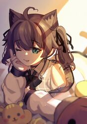  ;p ahoge animal_ear_fluff animal_ears bad_id bad_pixiv_id bare_shoulders black_ribbon brown_hair cat_ears cat_girl cat_tail closed_mouth clothing_cutout collared_shirt commentary female green_eyes grey_shirt hair_between_eyes hair_ribbon hand_up highres hololive jacket kemonomimi_mode long_sleeves lying matsurisu natsuiro_matsuri natsuiro_matsuri_(casual) off_shoulder official_alternate_costume on_stomach one_eye_closed open_clothes open_jacket puffy_long_sleeves puffy_sleeves ribbon sasatabekung shirt shoulder_cutout smile solo stuffed_animal stuffed_toy tail teddy_bear tongue tongue_out twintails virtual_youtuber white_jacket 