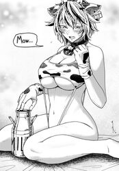  animal_costume animal_ears animal_print bell between_breasts bikini bottle breasts chinese_zodiac collar cow_costume cow_ears cow_girl cow_horns cow_print cowbell ear_tag female gloves greyscale horns koyubi_(littlefinger1988) leash milk_bottle monochrome neck_bell print_bikini scar short_hair sling_bikini_top solo swimsuit toramaru_shou touhou year_of_the_ox 