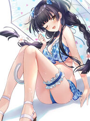  arm_support artist_name bikini bikini_skirt black_hair blue_bikini blue_ribbon blush braid bridal_garter brown_eyes character_name commentary female flower frilled_bikini frills hair_flower hair_ornament hair_over_shoulder hair_ribbon highres holding holding_umbrella idolmaster idolmaster_shiny_colors iku2727 leaning_back legs looking_at_viewer mayuzumi_fuyuko medium_hair one_eye_closed open_mouth pink_flower plaid plaid_bikini ribbon sandals shadow signature sitting smile solo swimsuit twin_braids twintails umbrella water_drop white_footwear 