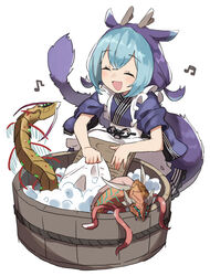  absurdres apron blue_hair closed_eyes dragon_girl dragon_tail dress duel_monster female frilled_apron frills gazacy_(dai) half_note highres laundry_dragonmaid musical_note open_mouth paleozoic_canadia paleozoic_pikaia purple_hair simple_background sleeves_rolled_up smile soap_bubbles tail washboard washing washtub white_background yu-gi-oh! 