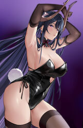  absurdres alternate_costume armpits arms_up black_gloves black_hair black_leotard breasts cleavage clothing_cutout commentary_request elbow_gloves female genshin_impact gloves hair_down heart_cutout highleg highleg_leotard highres kikimi large_breasts leotard mole mole_under_eye parted_lips partial_commentary playboy_bunny purple_background purple_eyes raiden_shogun raiden_shogun_(magatsu_mitake_narukami_no_mikoto) side-tie_leotard simple_background solo thighhighs thighs 