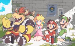  bad_id bad_twitter_id blonde_hair blue_eyes bowser crown earrings female hoshikuzu_pan jewelry long_hair luigi mario mario_(series) mario_tennis notice official_alternate_costume open_mouth outdoors princess_peach shoes sleeveless sneakers sphere_earrings sportswear sweat tennis_luigi tennis_mario tennis_peach tennis_uniform wall 