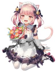  :d animal_ears apron artist_name bell black_bow black_dress blush bouquet bow breasts cat_ears cat_tail cleavage commentary_request dot_nose dress female frilled_apron frills hair_bell hair_ornament hairbow high_heels highres indie_virtual_youtuber jingle_bell kikugetsu looking_at_viewer maid maid_apron maid_headdress medium_breasts miyake_tamako neck_bell neck_ribbon open_mouth pink_hair pink_ribbon red_eyes ribbon short_hair short_sleeves simple_background smile tail teeth upper_teeth_only virtual_youtuber white_apron white_background wrist_cuffs 