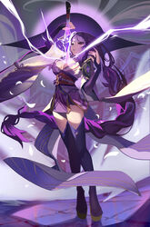  absurdres black_gloves black_thighhighs breasts breasts_out cleavage commentary detached_sleeves drawing_sword elbow_gloves electricity female full_body genshin_impact gloves glowing gold_trim highres holding holding_sword holding_weapon human_scabbard japanese_clothes kimono ktr_(tpun2553) large_breasts long_hair looking_at_viewer md5_mismatch mitsudomoe_(shape) mole mole_under_eye moon musou_isshin_(genshin_impact) neck_ribbon obi obiage obijime parted_lips partially_fingerless_gloves purple_eyes purple_hair purple_kimono purple_nails raiden_shogun red_ribbon ribbon sash sidelocks solo standing sword sword_between_breasts thighhighs tomoe_(symbol) weapon 