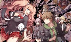  6+boys 6+girls ahoge anniversary asahina_aoi bear_hair_ornament black_gloves black_hair black_jacket black_shirt blonde_hair blue_eyes bow breasts brown_hair bullet celestia_ludenberg cleavage commentary_request copyright_name cross danganronpa:_trigger_happy_havoc danganronpa_(series) dark-skinned_female dark_skin enoshima_junko everyone floating floating_hair floating_object flower fujisaki_chihiro fukawa_toko glasses gloves green_eyes green_hoodie hagakure_yasuhiro hair_ornament hairclip hands_up highres hood hoodie iei ikusaba_mukuro ishimaru_kiyotaka jacket kirigiri_kyoko kuwata_leon long_hair looking_at_another looking_at_viewer maizono_sayaka medium_hair miyuzu monokuma multiple_boys multiple_girls naegi_makoto necktie ogami_sakura open_mouth owada_mondo plaid plaid_skirt ponytail red_bow red_eyes red_flower red_nails red_rose red_skirt rose sailor_collar school_uniform shirt short_hair shorts skirt smile teeth togami_byakuya tongue tongue_out twintails upper_teeth_only white_shirt yamada_hifumi 