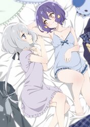  2girls arm_behind_head arm_up barefoot bed_sheet black_ribbon blue_eyes blue_hair blush breasts brown_eyes chemise cleavage closed_mouth commentary frilled_sleeves frills grey_hair hair_ornament hair_ribbon hand_on_own_stomach highres knee_up konno_junko lingerie long_hair looking_at_another low_twintails lying medium_breasts mizuno_ai multiple_girls nakamura_kou nightgown on_back on_bed on_side purple_nightgown ribbon romero_(zombie_land_saga) short_hair short_sleeves smile stuffed_animal stuffed_dog stuffed_toy twintails underwear unworn_clothes zombie_land_saga 