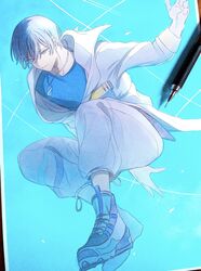  1boy aoyagi_touya blue_background blue_eyes blue_hair blue_shirt closed_mouth dog_tags flyer_(vocaloid) full_body graphite_(medium) highres jacket jumping legend_still_vivid_(project_sekai) light_purple_hair long_sleeves male_focus marker_(medium) mechanical_pencil mole mole_under_eye multicolored_hair official_alternate_costume pants pato_(ptro) pencil project_sekai shirt shoes short_hair smile sneakers solo split-color_hair traditional_media white_footwear white_jacket white_pants 