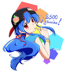  absurdres alternate_costume bangle baseball_cap black_hat blue_hair blue_tank_top bracelet candy commentary female food hat highres hinanawi_tenshi holding holding_candy holding_food holding_lollipop jewelry lollipop long_hair looking_at_viewer looking_back multicolored_background peach_print pink_nails ponytail rakkidei red_eyes red_ribbon ribbon simple_background solo spanish_text tank_top touhou translated upper_body 