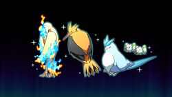  alternate_color animal_focus articuno closed_eyes closed_mouth commentary_request glowing highres komepan moltres no_humans pokemon pokemon_(creature) shiny_pokemon sparkle wingull zapdos 