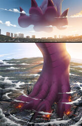  city city_crushing city_destruction claws cloud destruction dragon feet feral fire foot_focus hi_res hyhlion landscape landscape_dwarfing macro mythological_creature mythological_scalie mythology purple_body purple_claws scalie solo stardust stomping 