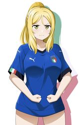  alternate_hairstyle barkhorn0331 blonde_hair cowboy_shot female flexing highres italy looking_at_viewer love_live! love_live!_sunshine!! mario_balotelli no_pants ohara_mari ponytail pose puma_(brand) soccer_uniform sportswear yellow_eyes 