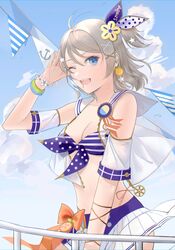  absurdres arm_cuffs bad_id bad_pixiv_id bikini blue_bikini blue_eyes blue_sky bow bracelet breasts chilli_646 cleavage cloud commentary crop_top day earrings female flower flower_bracelet food food-themed_earrings fruit grey_hair hair_ornament hairclip hand_up highres jewelry looking_at_viewer love_live! love_live!_sunshine!! medium_breasts medium_hair one_eye_closed open_clothes open_mouth open_shirt orange-shaped_earrings orange_(fruit) orange_bow orange_slice outdoors railing salute shirt skirt sky sleeveless sleeveless_shirt smile solo star_(symbol) star_earrings star_hair_ornament sweat swimsuit upper_body watanabe_you white_flower white_shirt white_skirt wristband 