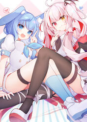  animal_ears bunny_ears eta garter heels heterochromia skirt_lift thighhighs uniform 