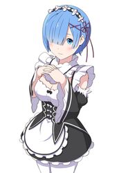  blue_eyes blue_hair blush breasts cleavage closed_mouth detached_sleeves female hair_ornament hair_over_one_eye krs_(karasu) large_breasts looking_at_viewer maid re:zero_kara_hajimeru_isekai_seikatsu rem_(re:zero) roswaal_mansion_maid_uniform short_hair simple_background smile solo white_background x_hair_ornament 