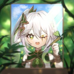  absurdres blurry blurry_background blurry_foreground commentary depth_of_field female genshin_impact gloves green_eyes hair_between_eyes highres korean_commentary leaf nahida_(genshin_impact) one_eye_closed open_mouth plant potted_plant solo sp0i0ppp white_gloves 